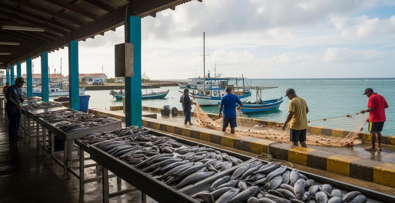 Scène de pêche artisanale et marché aux poissons frais sous un abri typique.