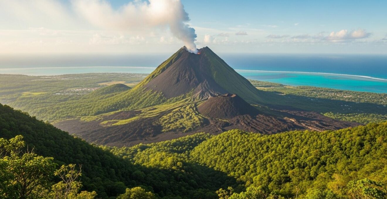 Vue panoramique du volcan de la Soufrière avec la mer des Caraïbes en arrière-plan sous un ciel bleu clair.