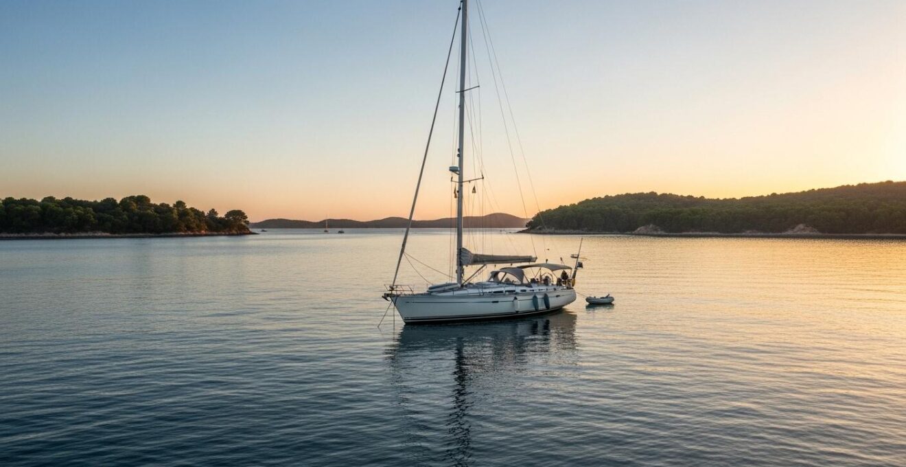 Photographie réaliste d'un voilier paisible dans la baie des Saintes au coucher du soleil