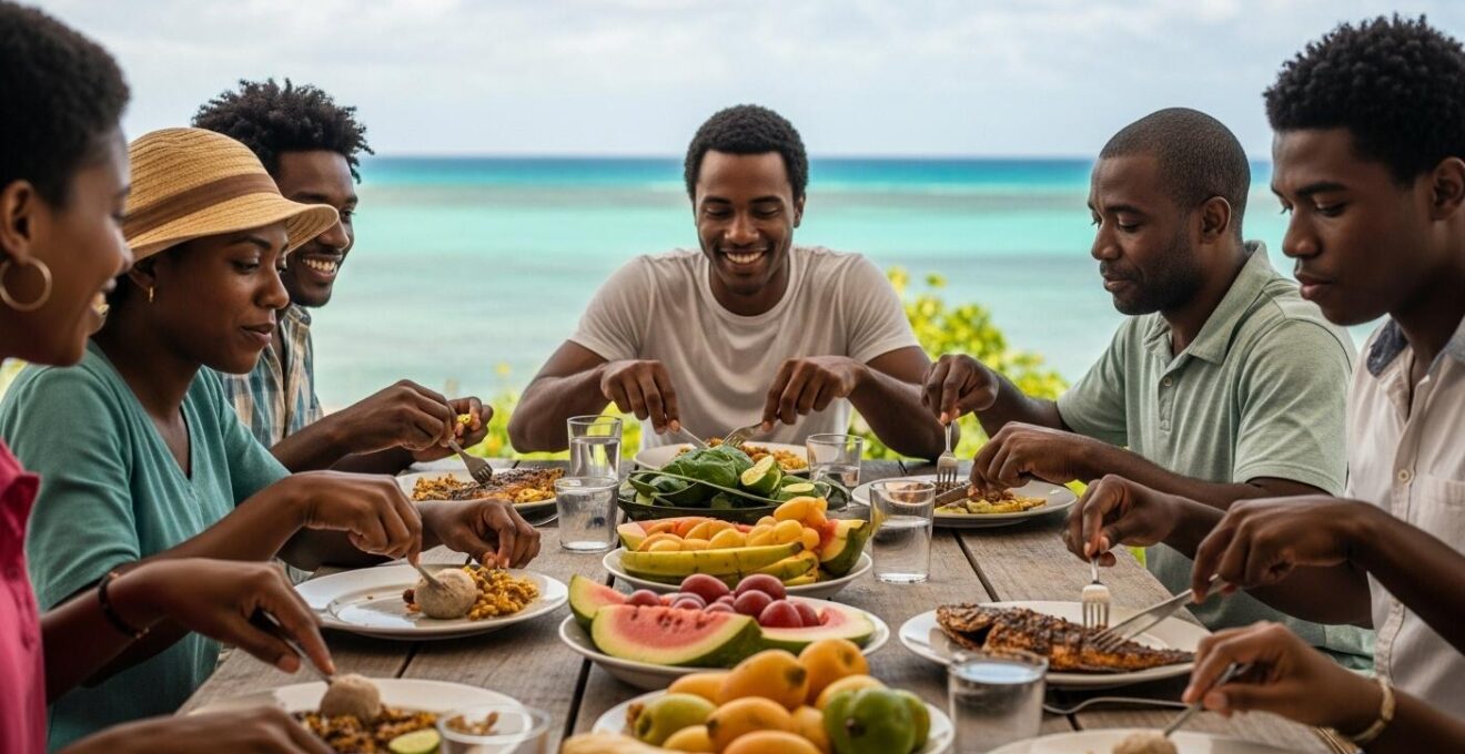 Vue panoramique d'un groupe de voyageurs dégustant des spécialités locales au bord d'une route côtière en Guadeloupe.