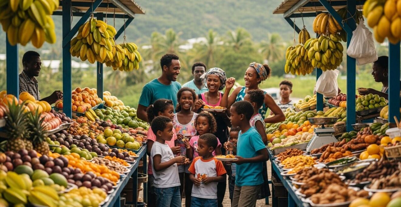 Scène de marché créole coloré en Guadeloupe avec plats traditionnels et visages joyeux