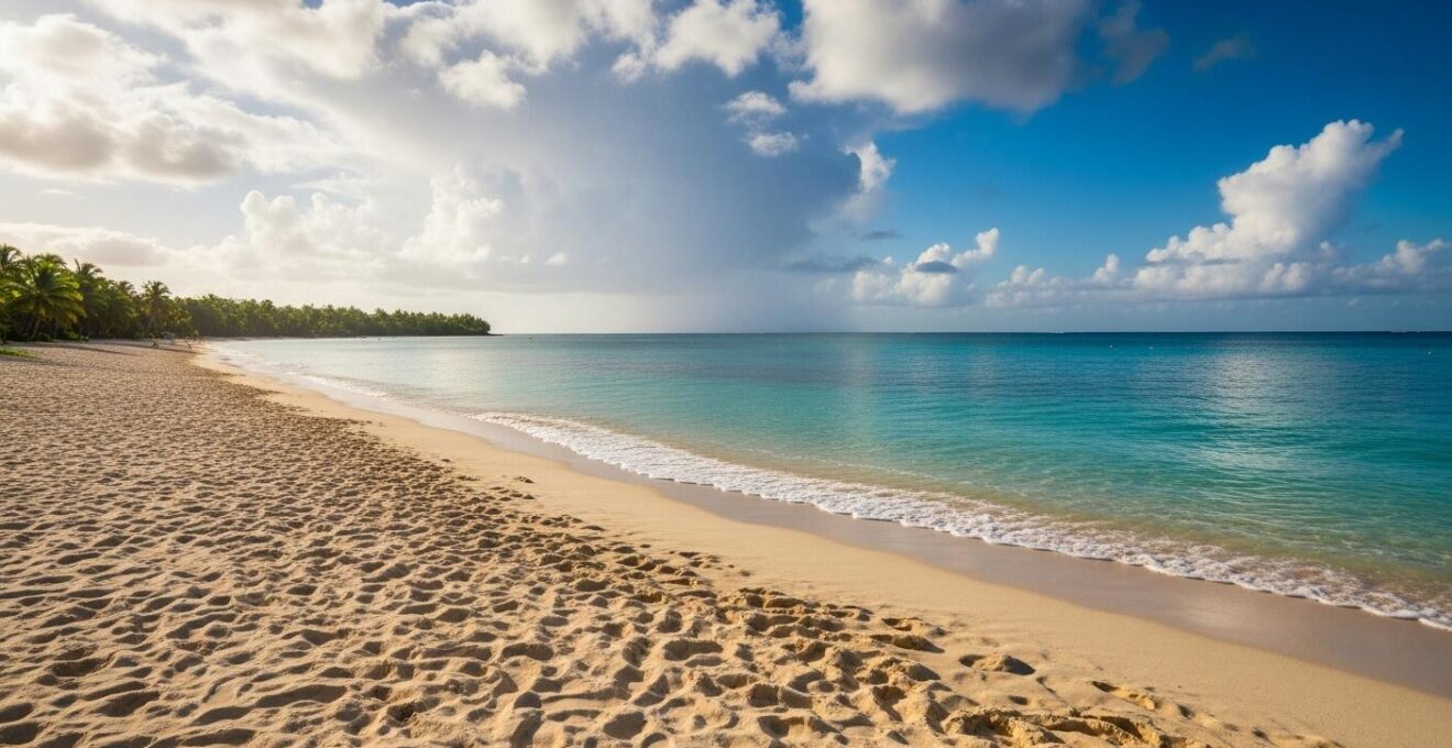 Plage tropicale de Guadeloupe au lever du soleil avec ciel partiellement nuageux et mer turquoise