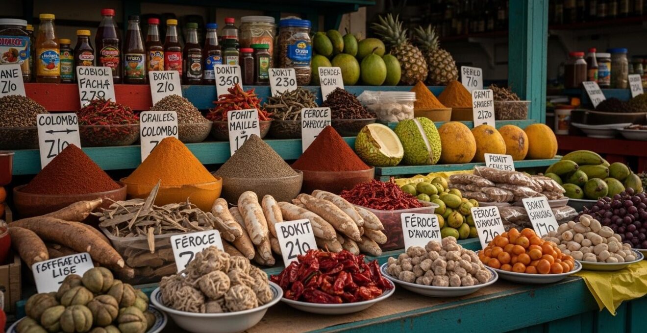 Vue immersive d'un marché coloré en Guadeloupe avec épices, fruits tropicaux, plats créoles et ambiance festive rayonnante
