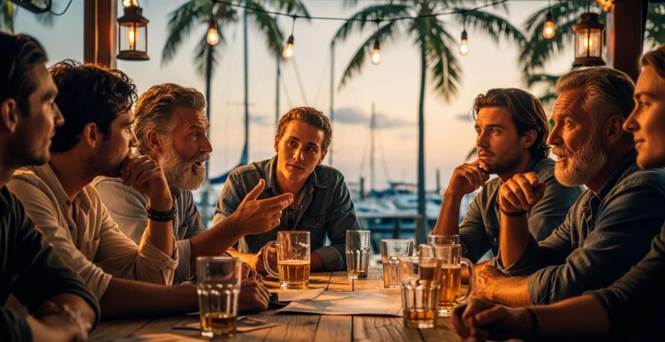 Ambiance conviviale au bar d'une marina avec navigateurs en discussion