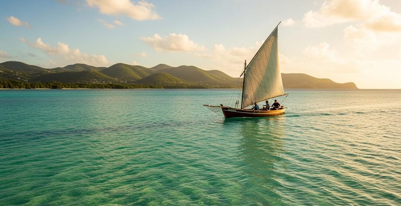 Un bateau traditionnel naviguant sur la mer turquoise des Caraïbes en Guadeloupe avec un coucher de soleil en arrière-plan