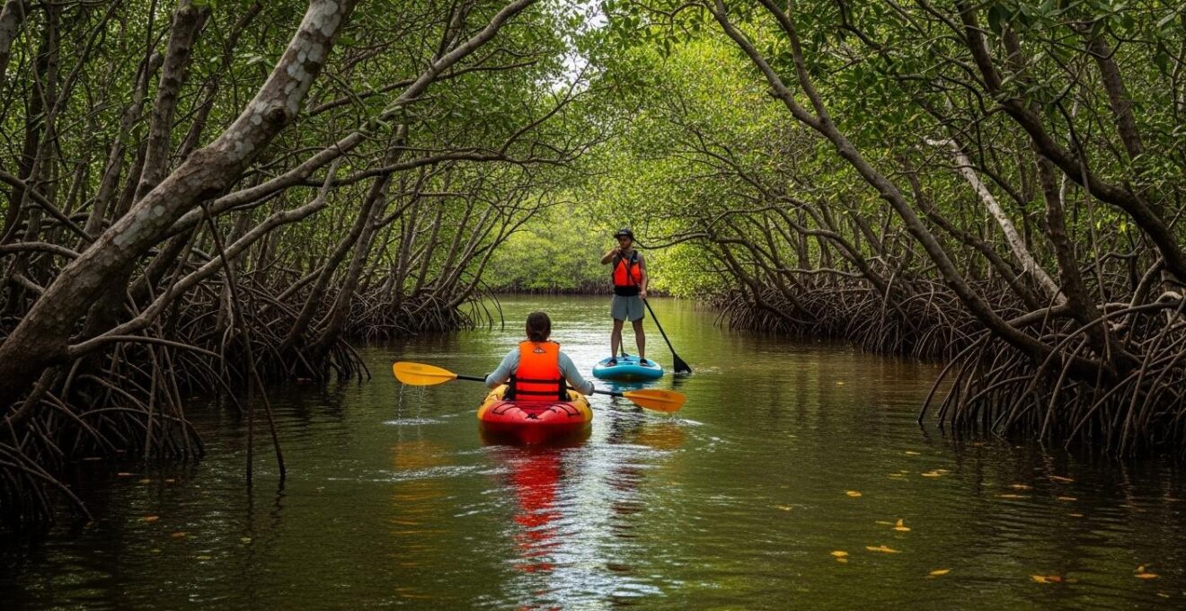 Kayakiste et pagayeurs sur paddle naviguant dans une mangrove en Guadeloupe en lumière naturelle