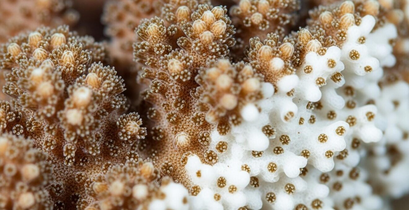 Gros plan macro sur corail blanchissant aux couleurs délavées en Guadeloupe