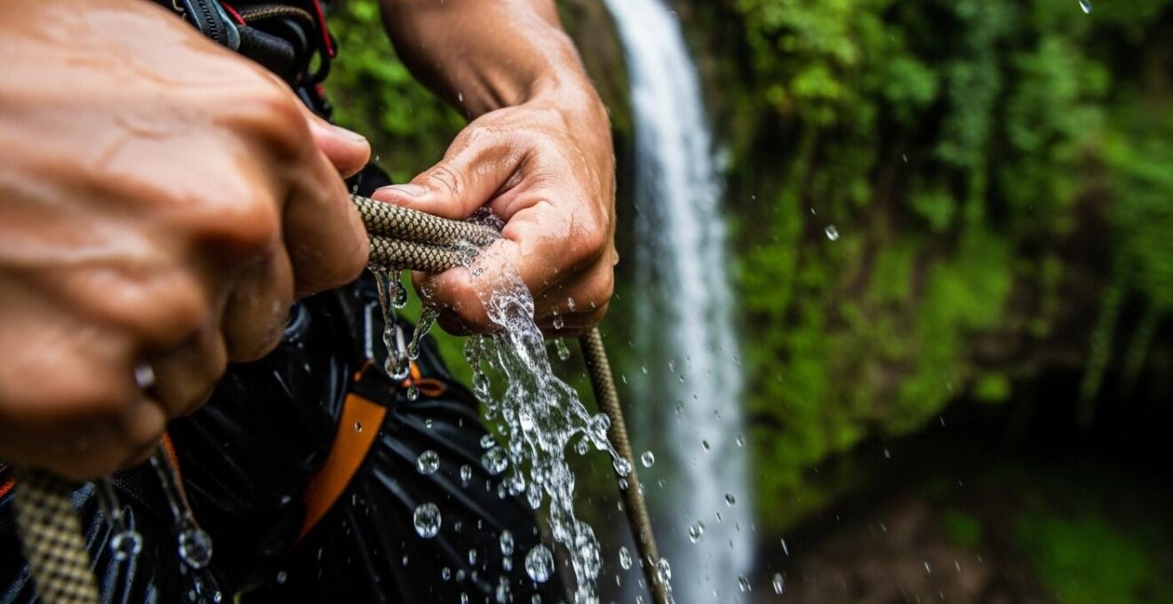 Descente en rappel dans un canyon tropical en Guadeloupe avec rivière et végétation dense