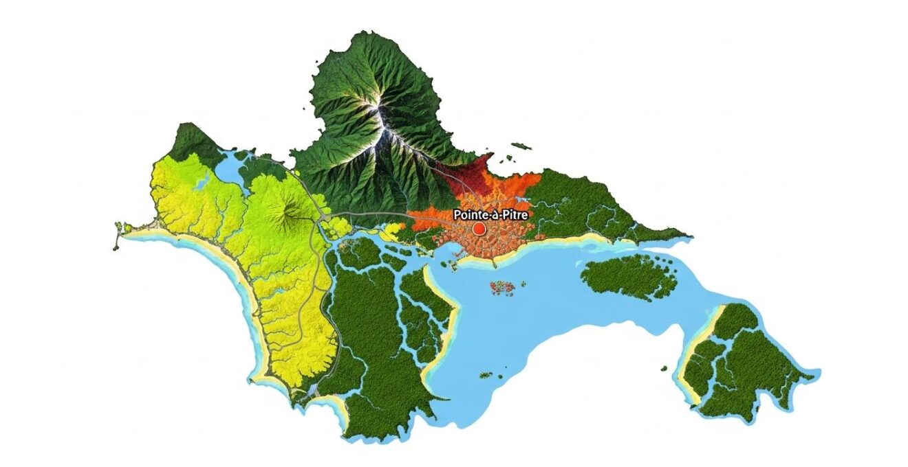 Carte conceptuelle artistique montrant la Guadeloupe sous forme de papillon avec ses zones géographiques clés colorées