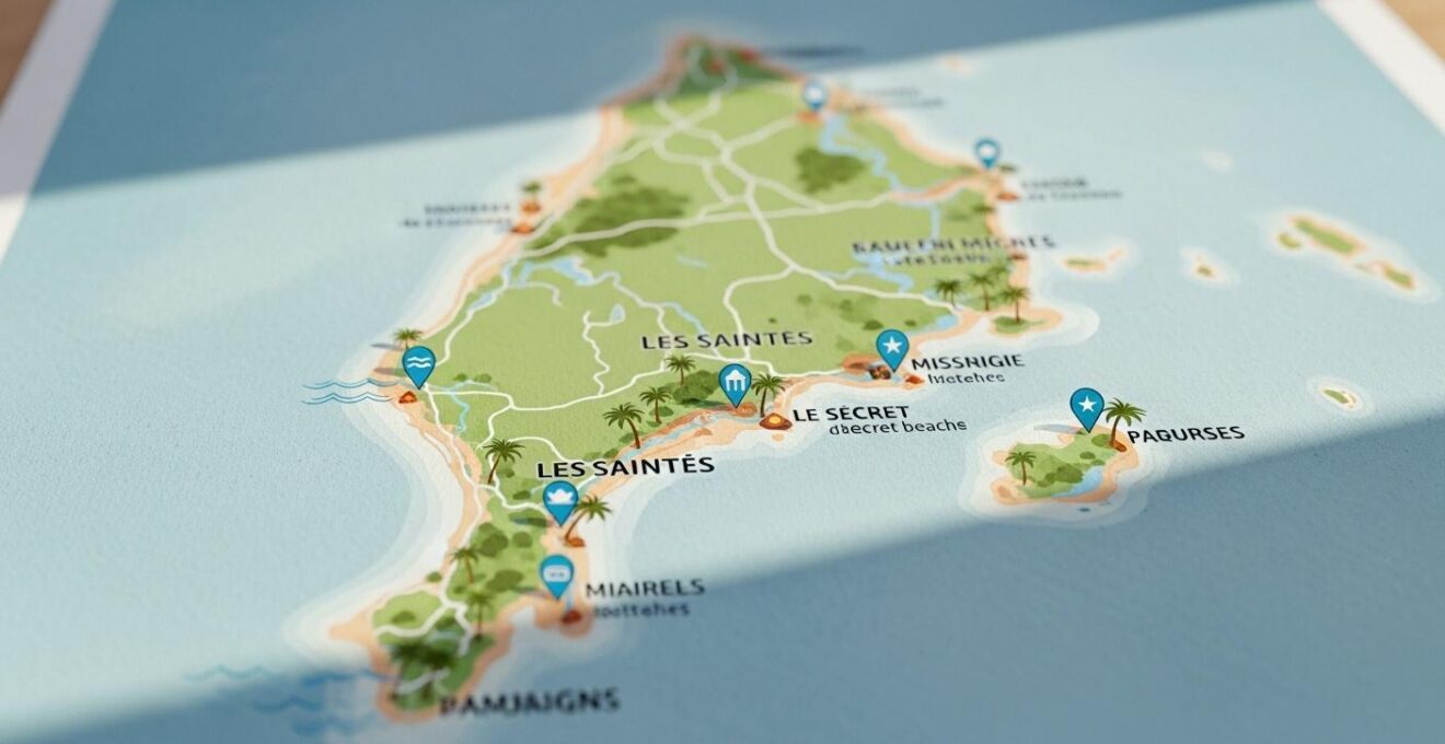 Carte illustrée des plages secrètes et criques aux Saintes, Guadeloupe
