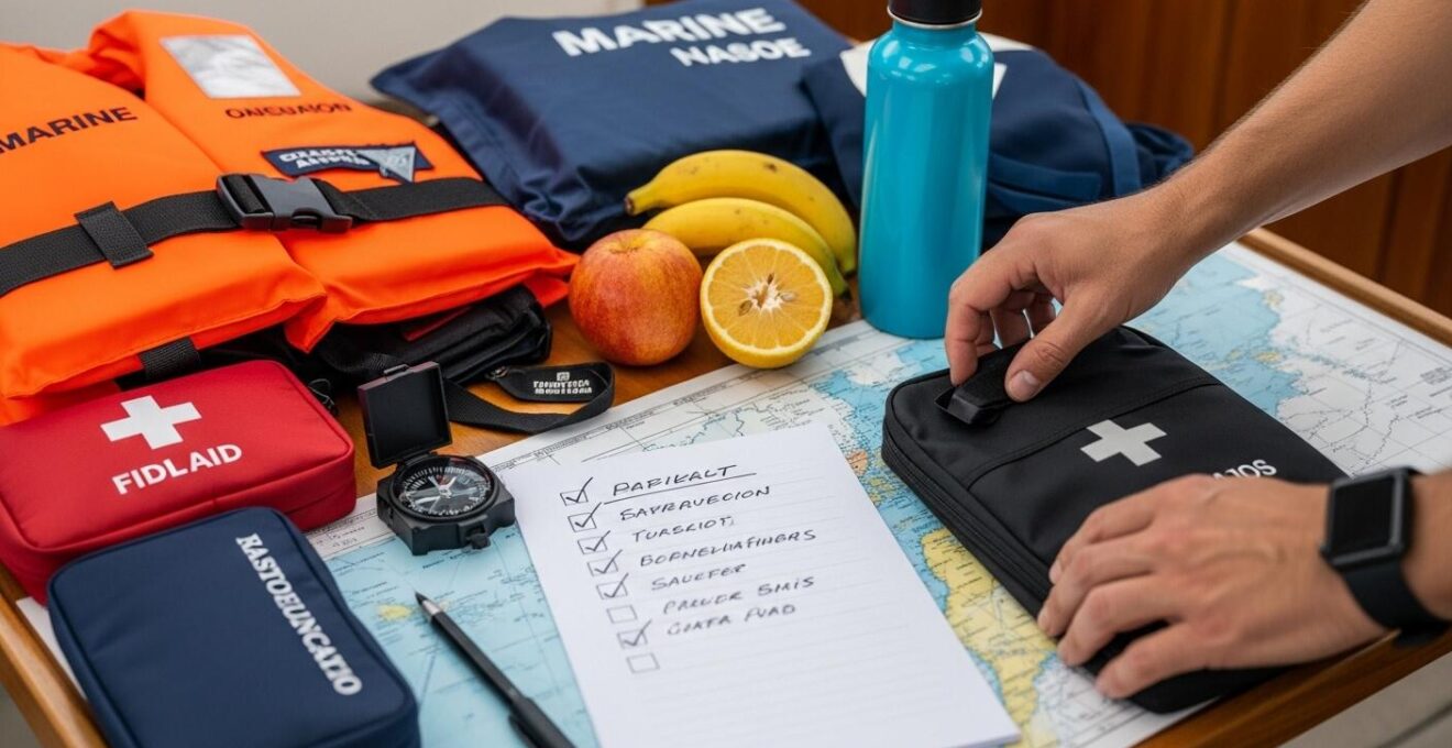 Checklist visuelle d’objets essentiels pour avitaillement bateau en Guadeloupe.