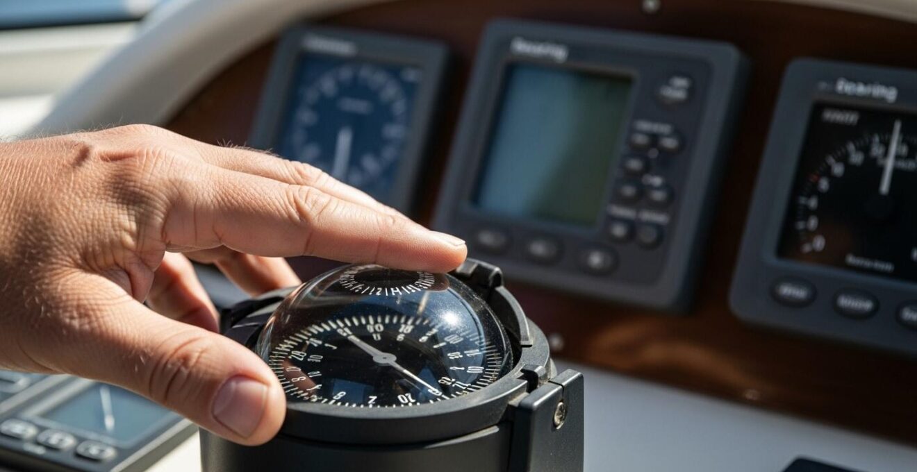 Détail d'une main contrôlant des instruments de navigation et vérifiant les équipements du bateau