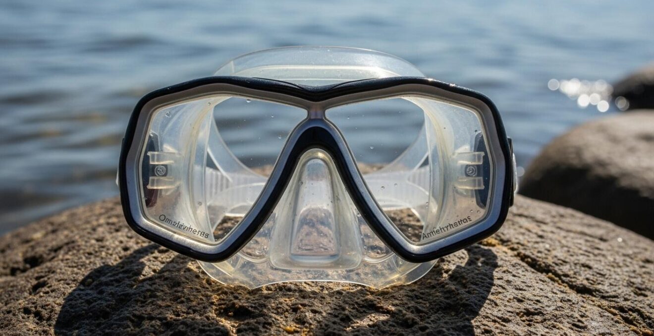 Plongée rapprochée sur un masque de plongée clair et net sans buée posé sur un rocher près de l'eau