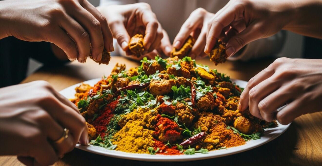 Gros plan sur un plat de colombo entouré d'épices typiques et de mains différentes