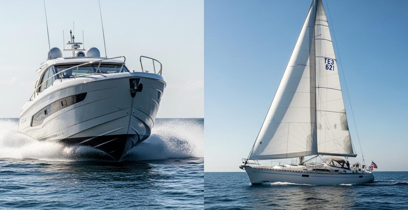 Photographie en split-screen montrant un bateau à moteur puissant à gauche et un voilier élégant naviguant à voile à droite