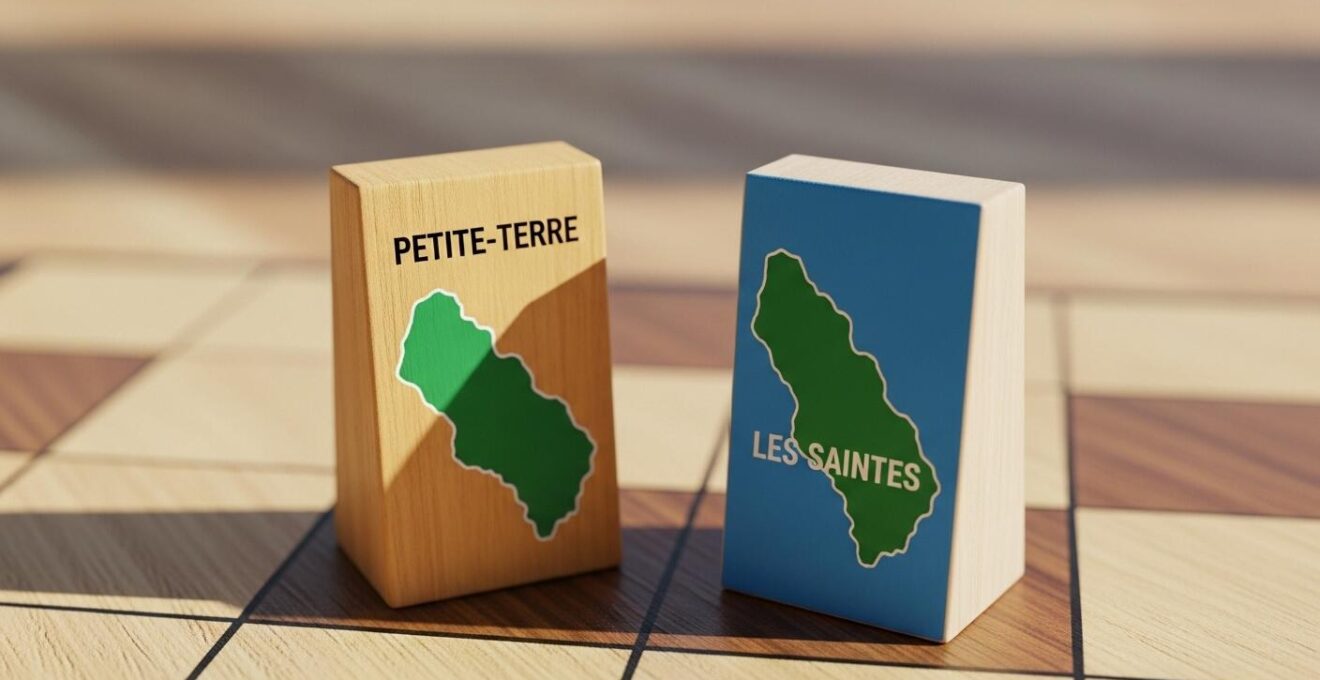 Photographie symbolique d'un jeu de plateau en bois avec des pions représentants deux îles, Petite-Terre et Les Saintes