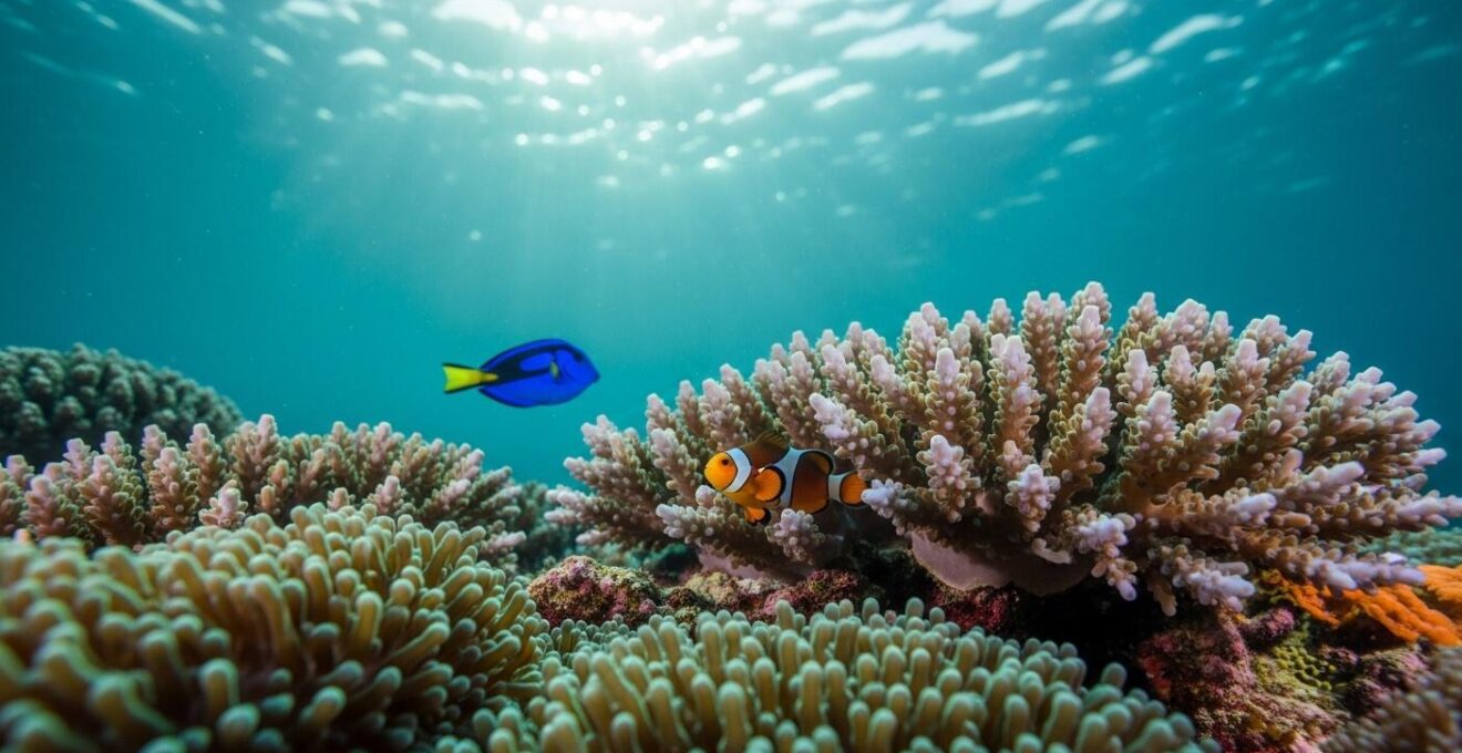 Gros plan macro d’un récif corallien coloré sous-marin en Guadeloupe avec faune marine associée