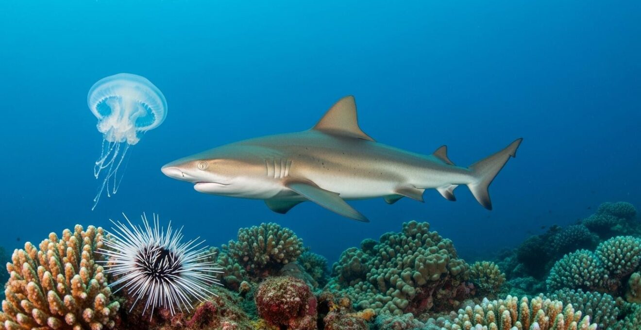 Requin, méduse translucide et oursin diadème sur fond marin de récif tropical