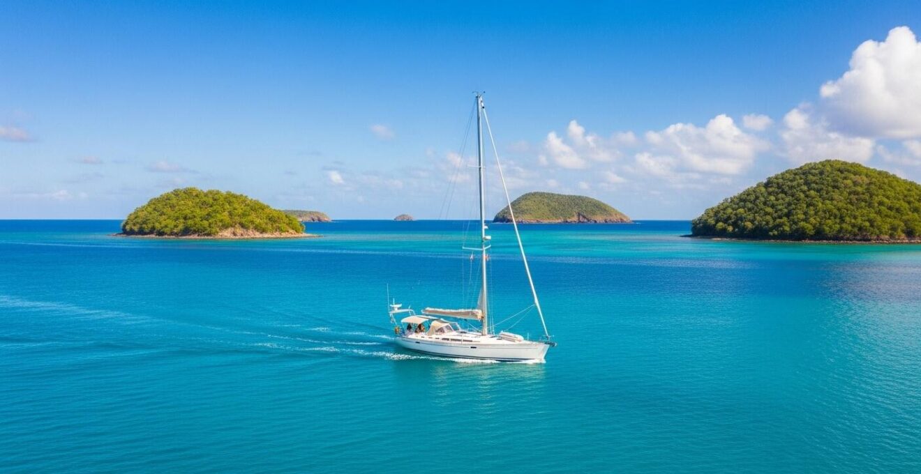 Vue aérienne d'un voilier naviguant dans les eaux turquoise de la Guadeloupe avec des îles tropicales en arrière-plan