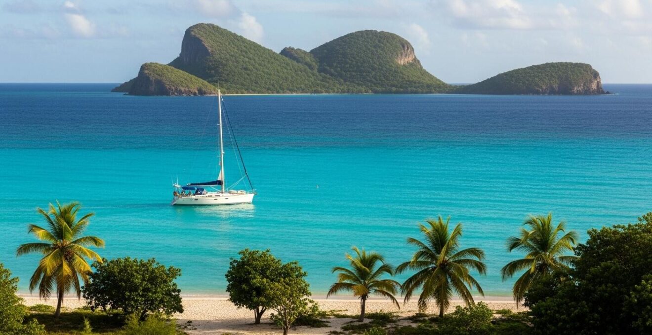 Photographie réaliste du littoral de Guadeloupe vu depuis la mer avec un voilier naviguant sous un ciel bleu, plage paradisiaque et végétation luxuriante