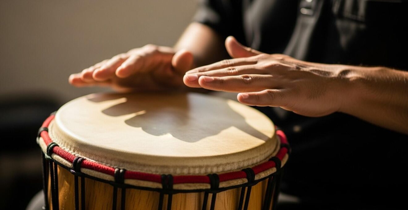 Tambour traditionnel Gwo Ka et mains jouant avec passion lors d’un événement culturel guadeloupéen