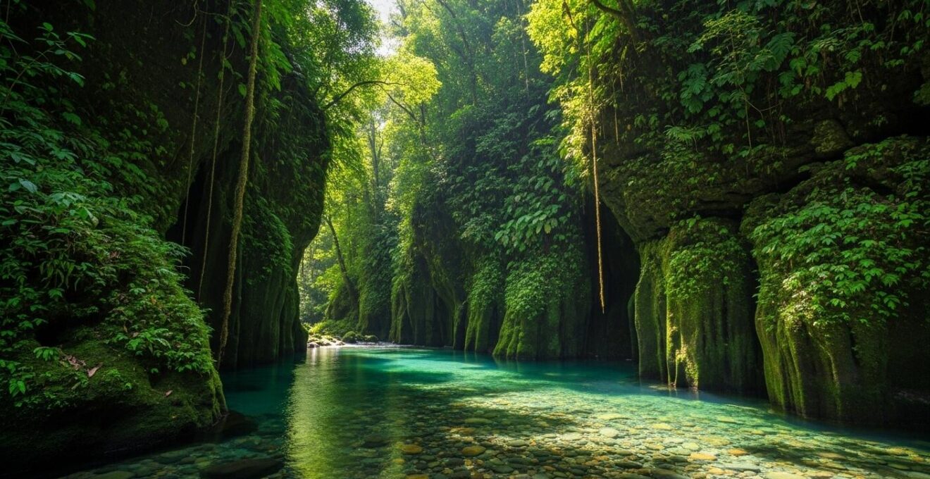 Photographie d’un paysage de canyon verdoyant avec une cascade et une rivière claire en Guadeloupe
