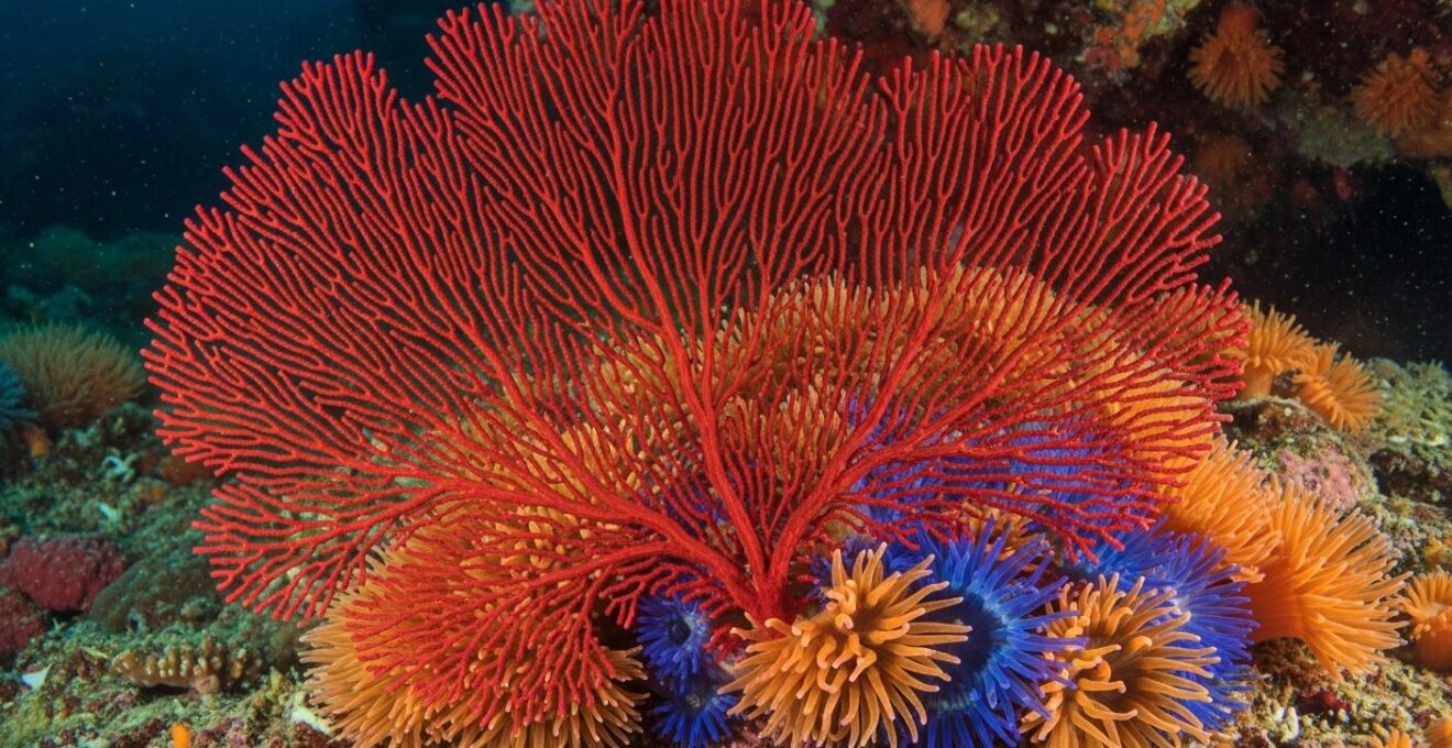 Détail macro d'une gorgone et d'anémones colorées sous l'eau