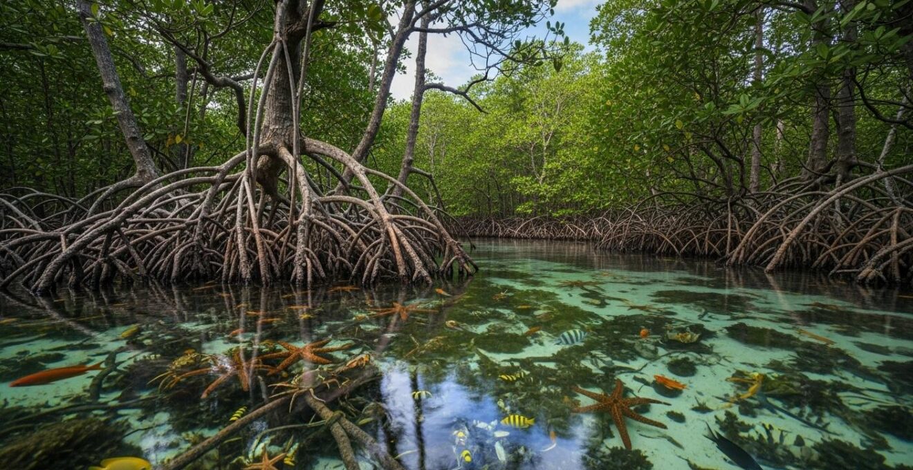 Photo réaliste d'une mangrove dense avec eau limpide, mettant en évidence la biodiversité marine et terrestre