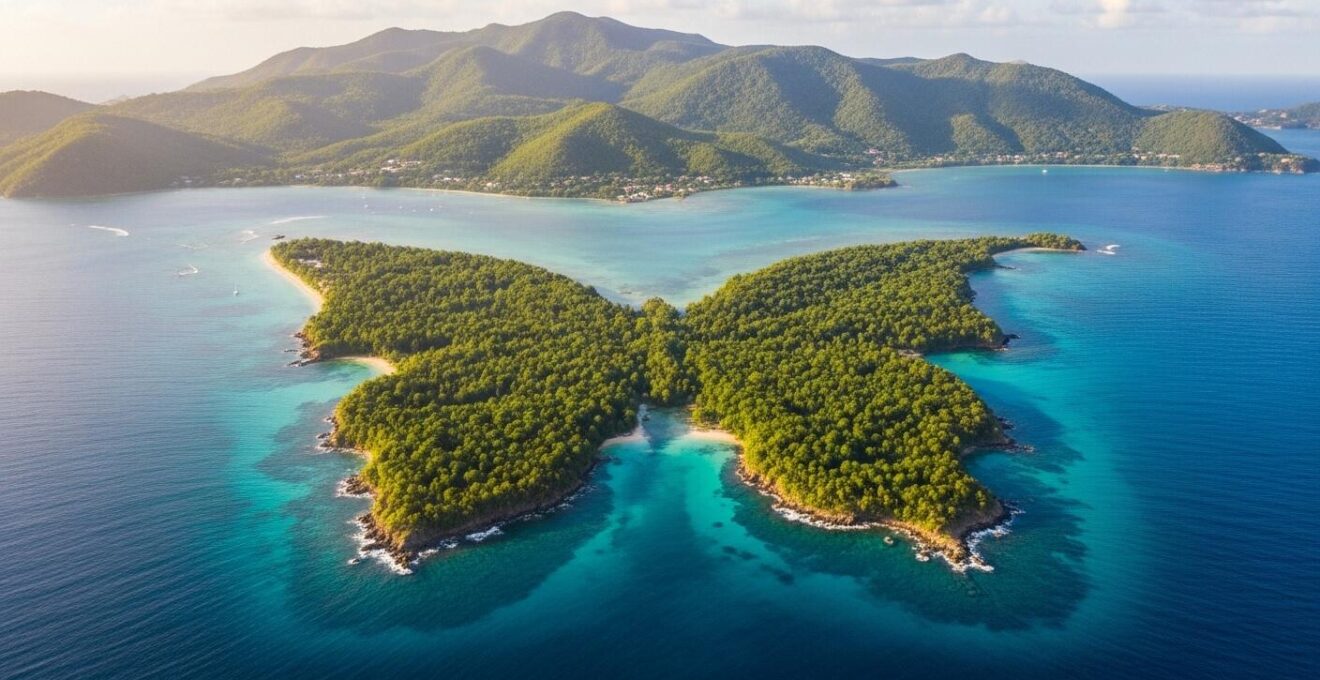 Vue panoramique aérienne d'un paysage naturel guadeloupéen en forme de papillon avec mer turquoise et montagnes verdoyantes