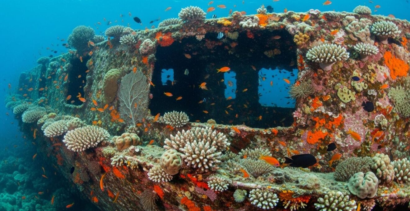 Vue sous-marine d’une épave colonisée par coraux et poissons tropicaux