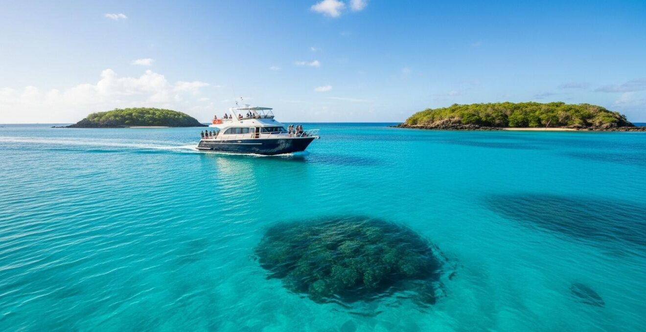 Une vue panoramique d'un bateau excursion en mer turquoise en Guadeloupe avec un ciel bleu et des îlets en arrière-plan
