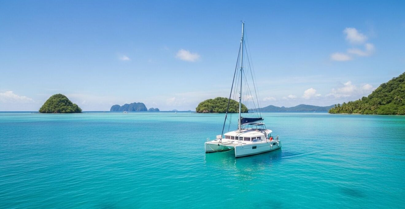 Photographie d'une excursion nautique en Guadeloupe avec un catamaran naviguant dans l'eau turquoise, des passagers profitant d'une journée ensoleillée, entouré d'îles et de paysages marins naturels