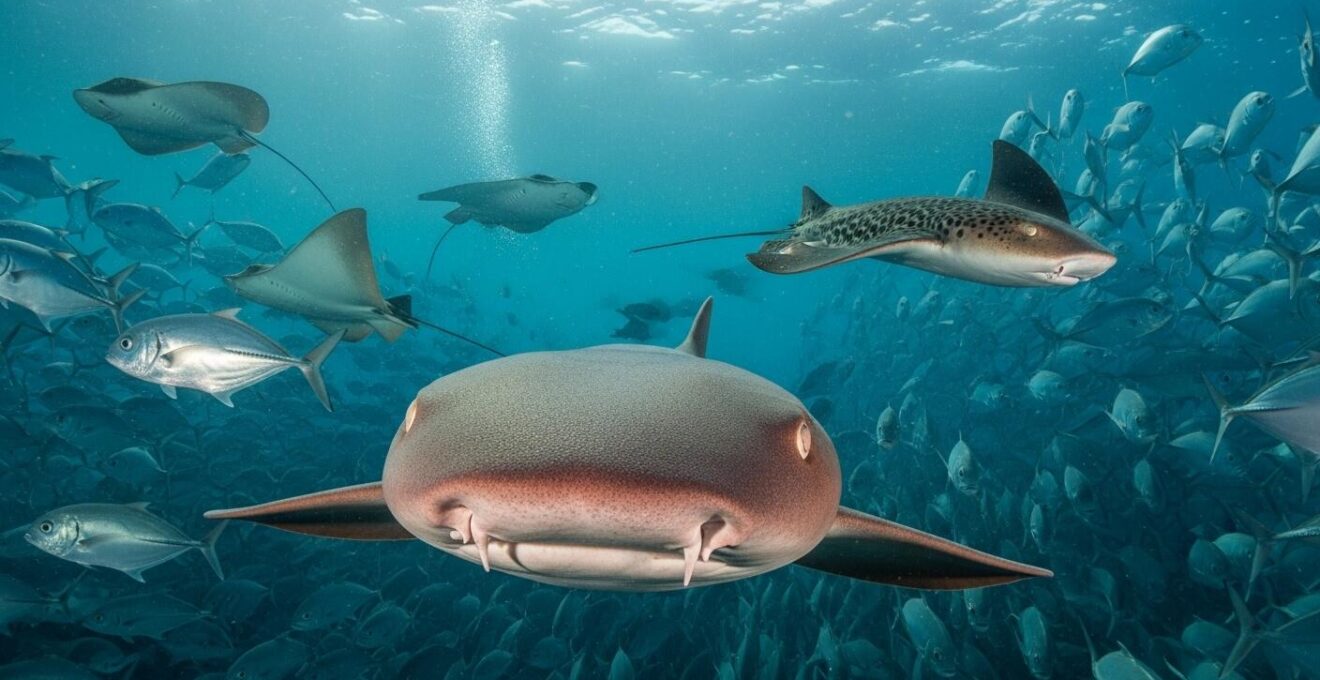 Requin dormeur et bancs de carangues autour d'un sommet sous-marin en Guadeloupe
