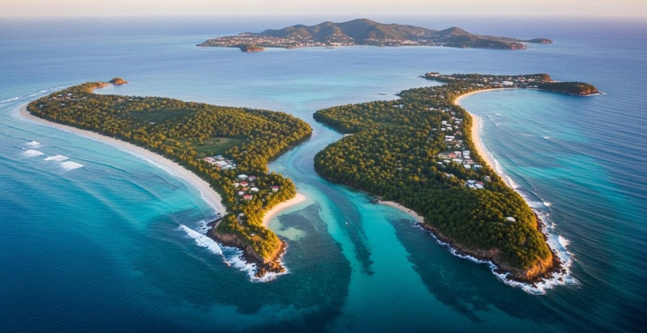 Vue aérienne immersive de la Guadeloupe en forme de papillon, avec plages, mer turquoise et forêt tropicale