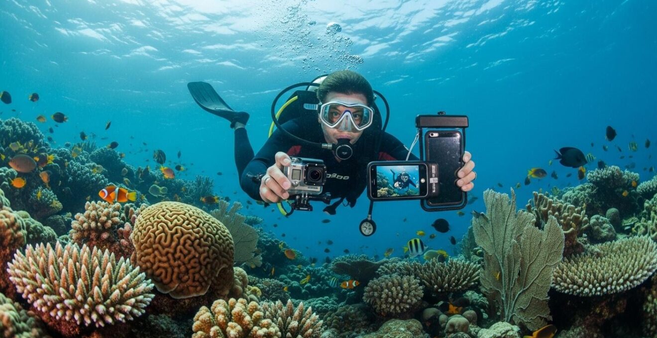Scène sous-marine avec un plongeur tenant une GoPro et un smartphone en mode capture