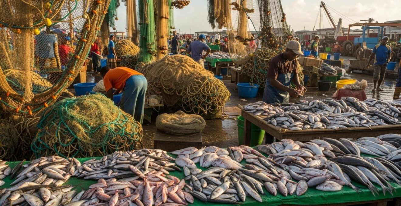Place de port de pêche animée avec étals de poissons frais colorés et pêcheurs en arrière-plan dans une ambiance authentique guadeloupéenne