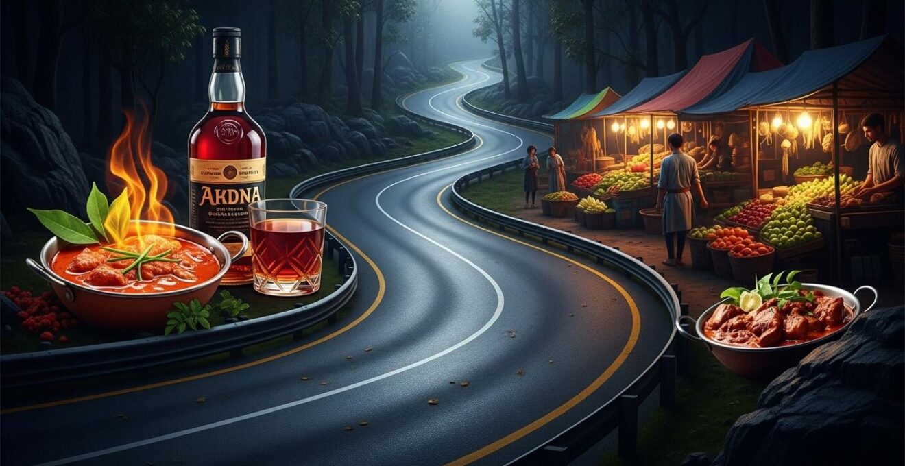 Image conceptuelle symbolisant un rallye automobile traversant des sites emblématiques gourmands de Guadeloupe