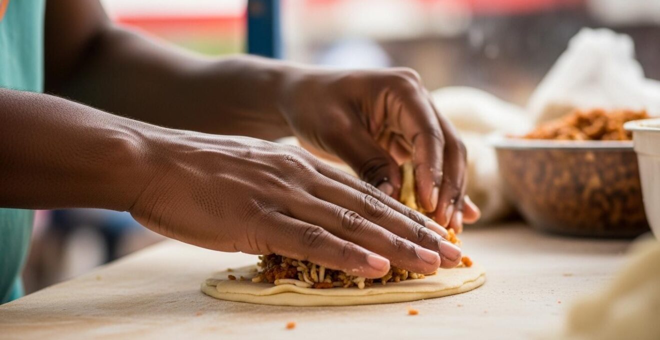 Photographie réaliste d’un vendeur de bokit en train de préparer le sandwich dans un stand coloré en plein air sur Grande-Terre, Guadeloupe