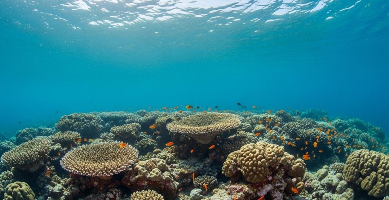 Vue sous-marine large d’un jardin corallien avec diversité de coraux et poissons multicolores