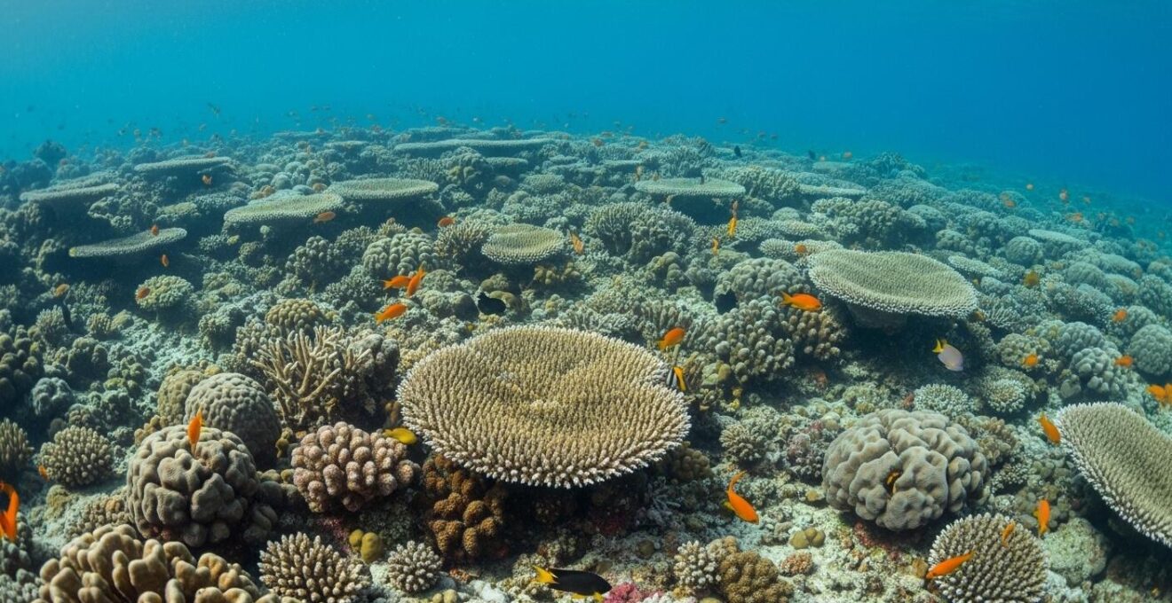 Vue sous-marine réaliste des jardins coralliens colorés de Guadeloupe avec poissons tropicaux