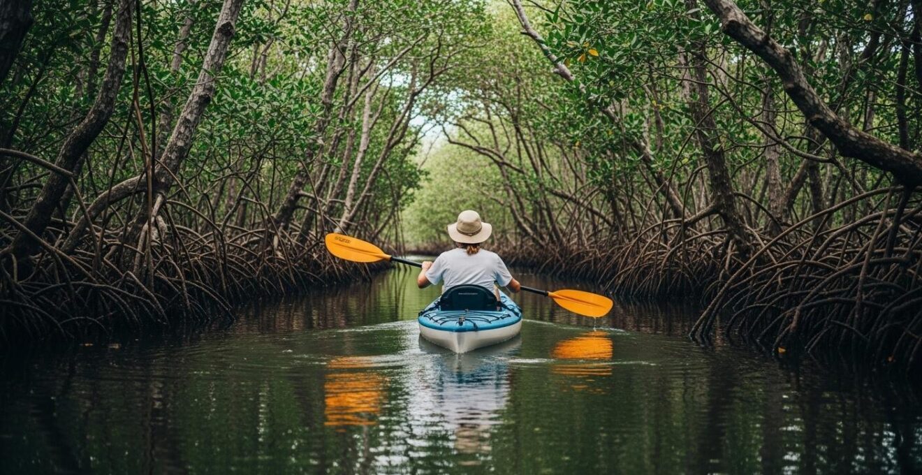 Kayakiste pagayant en silence au milieu de la mangrove guadeloupéenne avec lumière douce