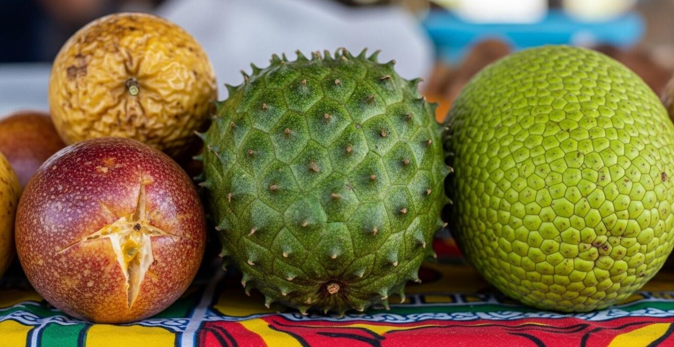 Gros plan sur un corossol, maracuja et fruit à pain sur fond de marché coloré