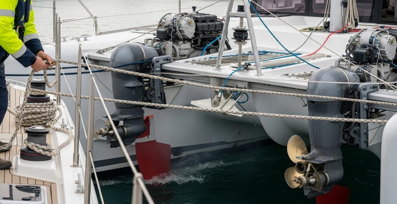 Manœuvre délicate d'un catamaran entrant dans un port, vue rapprochée sur les moteurs et les amarres préparation