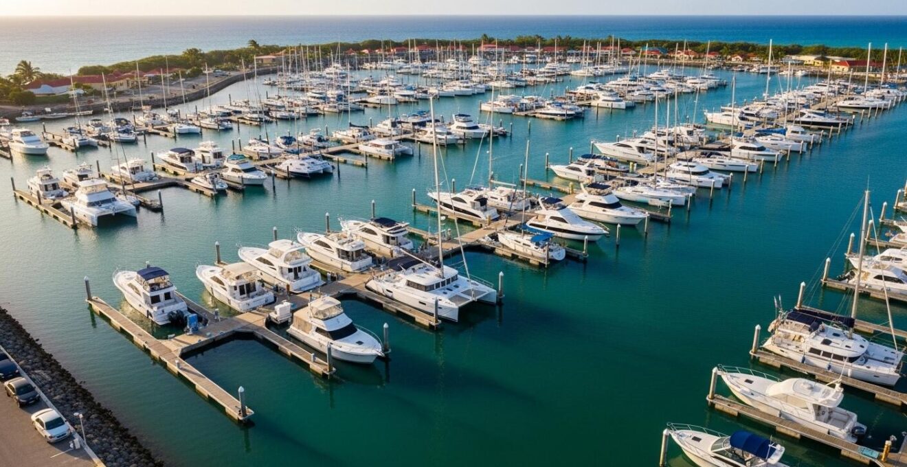 Vue aérienne réelle et lumineuse d'une marina en Guadeloupe avec des bateaux amarrés et des quais animés