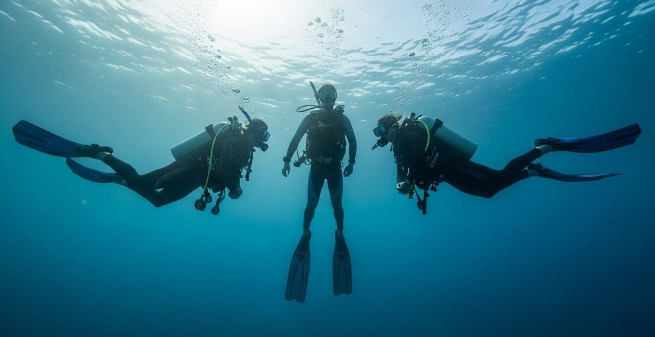 Trois plongeurs illustrant snorkeling, apnée et plongée bouteille en Guadeloupe dans une eau limpide