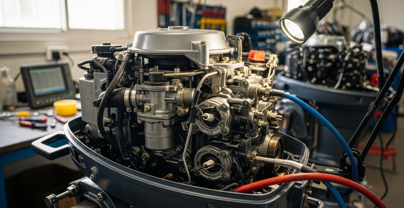 Détail d'un moteur de bateau en cours de réparation dans un atelier nautique