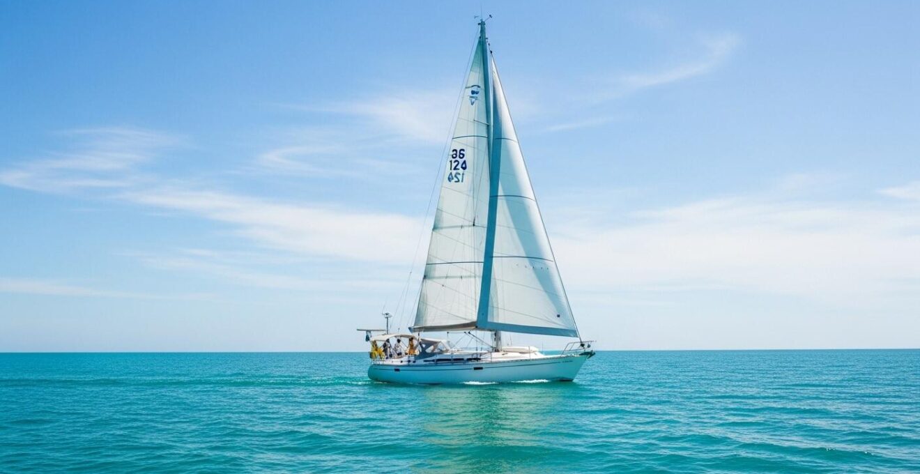 Voilier au près utilisant les alizés sous un ciel clair en mer des Caraïbes