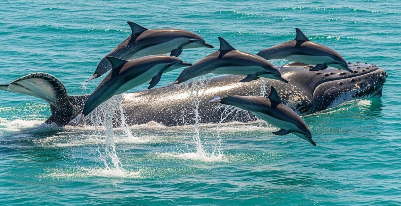 Baleine et dauphins sautant ensemble en mer turquoise, côte guadeloupéenne en arrière-plan