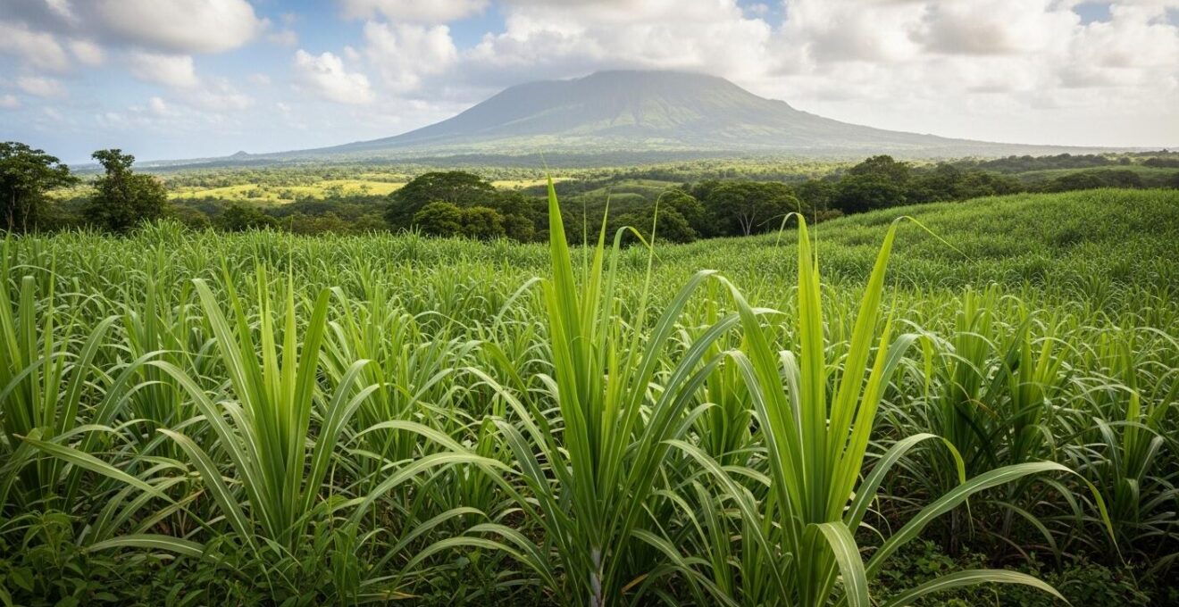 Vue panoramique d'un paysage tropical vert avec plantations de canne à sucre et relief volcanique en Guadeloupe