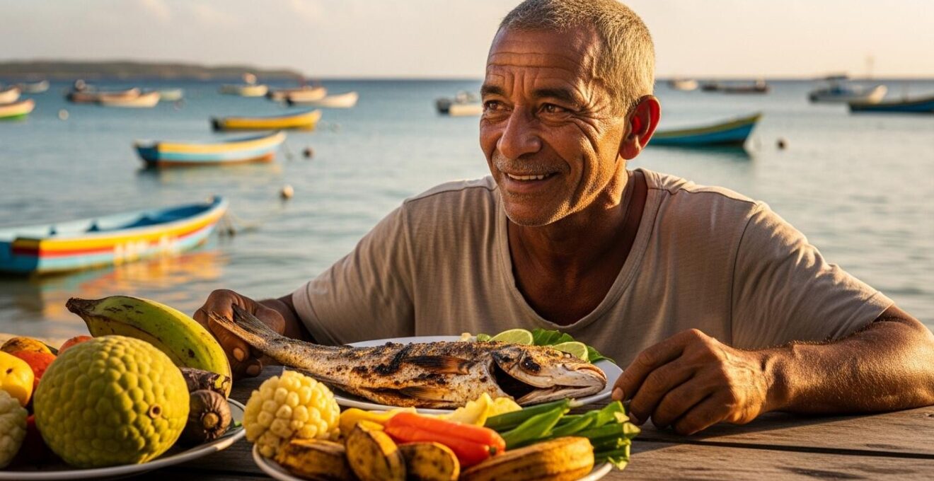Photographie émotionnelle d’un pêcheur guadeloupéen servant un poisson frais sur une table en bois au bord de la mer.